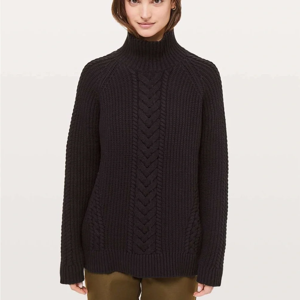 Lululemon Bring The Cozy Sweater Black Cotton Cable Knit Turtleneck